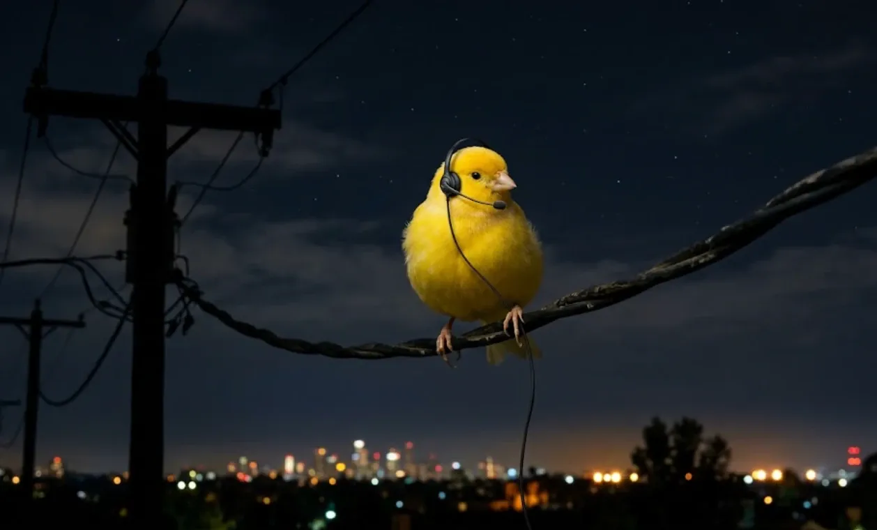 A canary wearing a call-center headset, perched on a telephone wire at night with city lights behind it