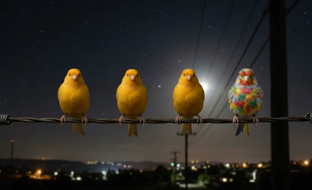 Four canaries perched on a telephone wire at night; three yellow, one with red, green, blue, and yellow feathers