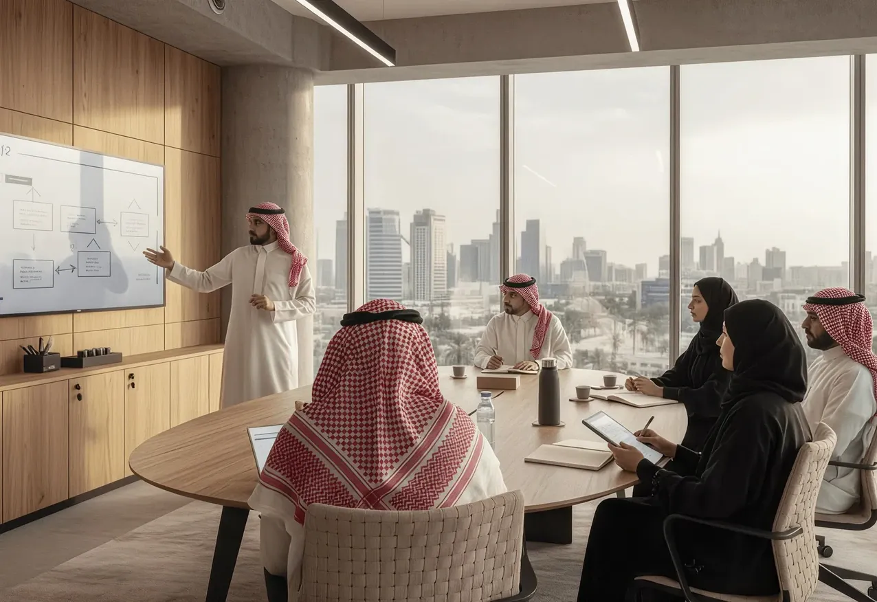 A team meeting around a conference table overlooking the Riyadh skyline