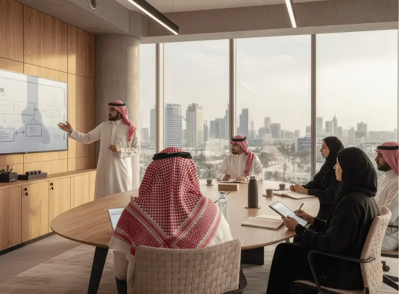 A presentation in a meeting room overlooking the Riyadh skyline