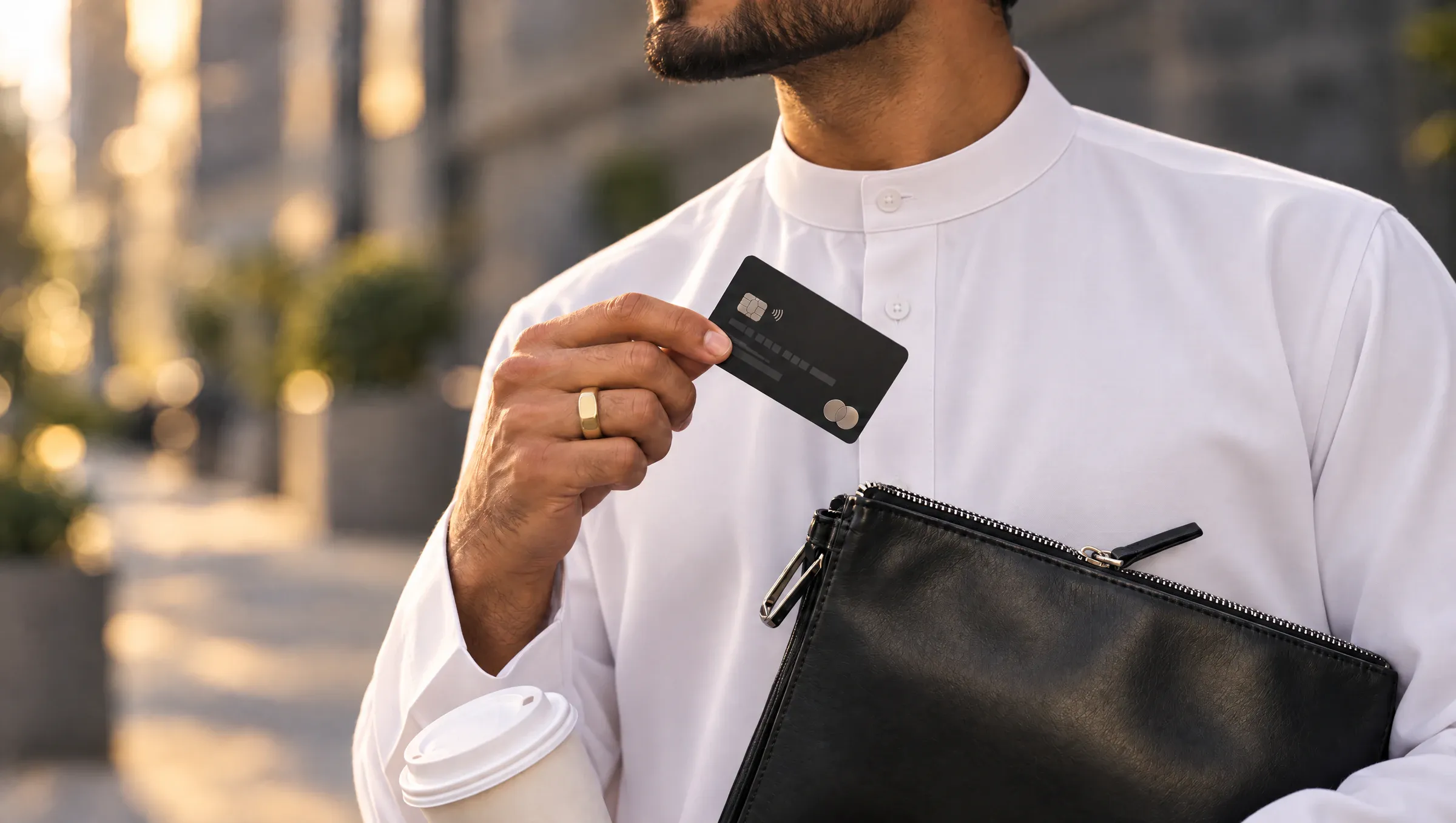 A man in a white thobe holding a black bank card over a leather wallet