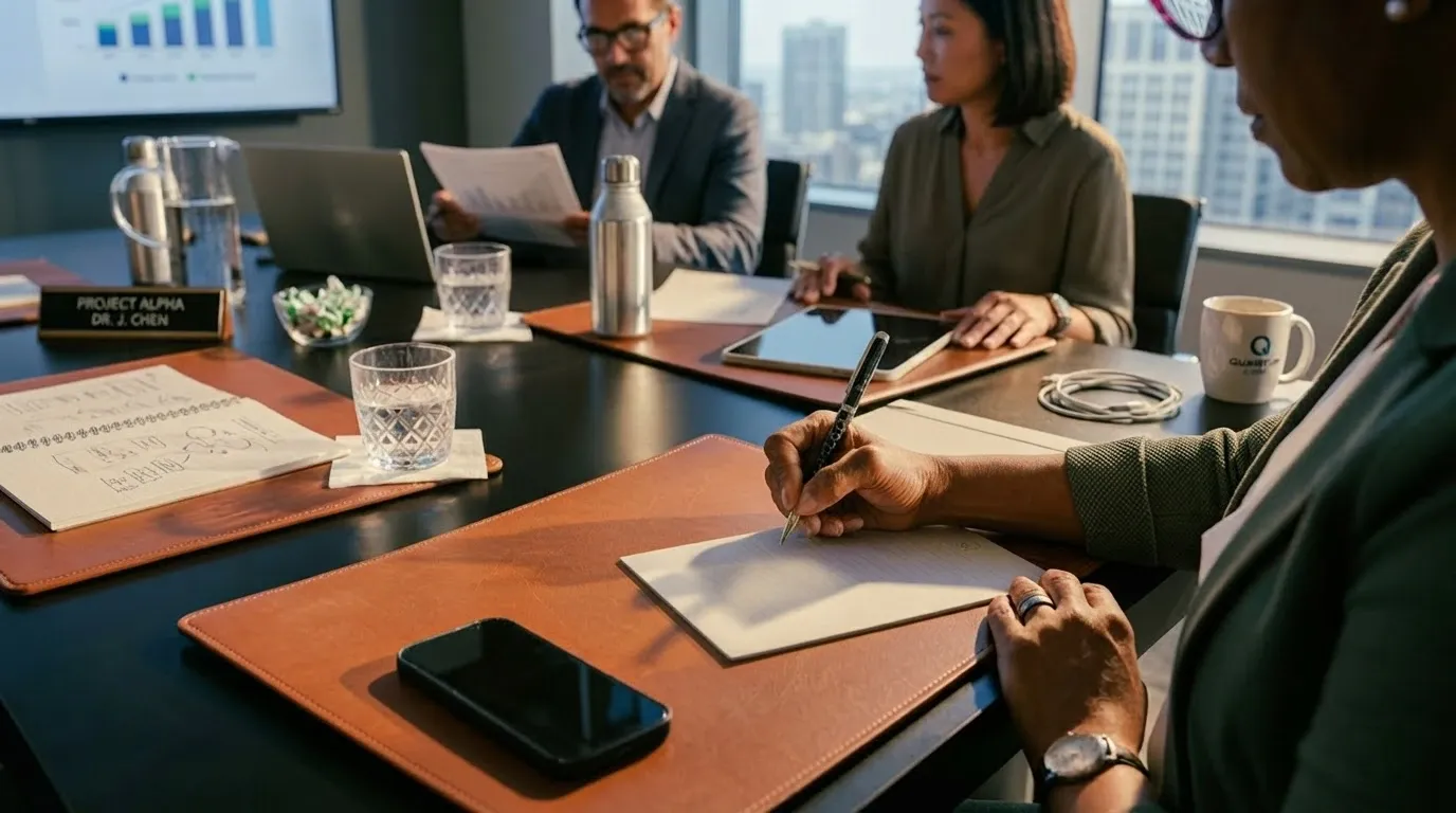 An adjuster signing a claim form at a boardroom table while colleagues review documents