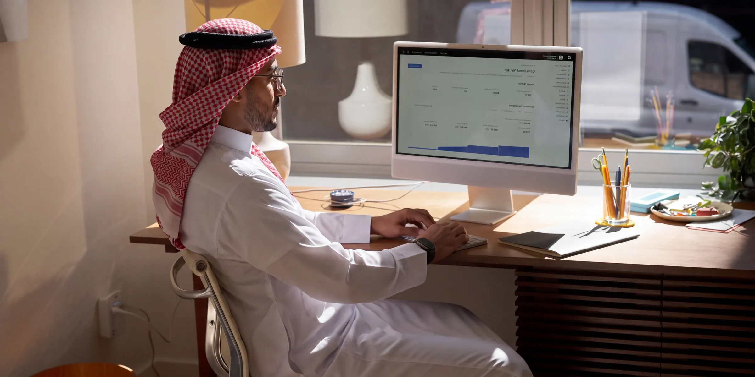 A man in a red shemagh working at a desktop computer by a sunny window